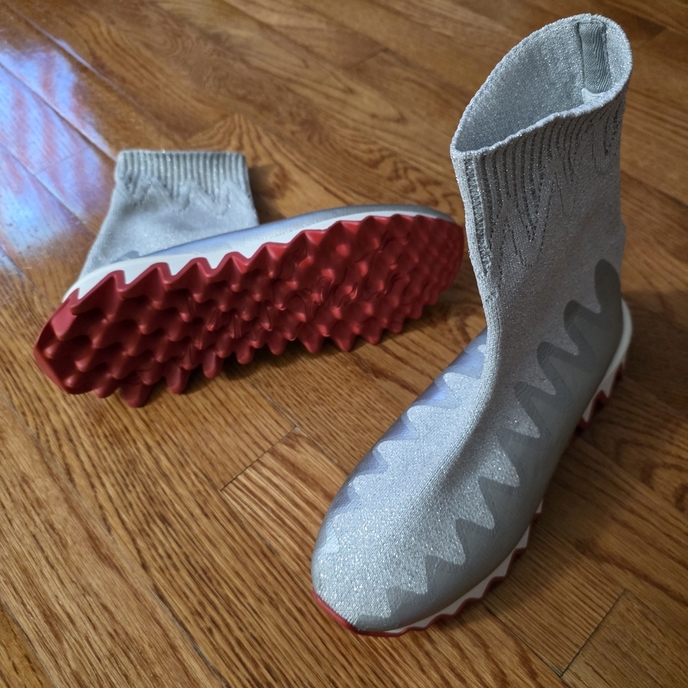 Christian Louboutin Silver and Red Sock Sneakers